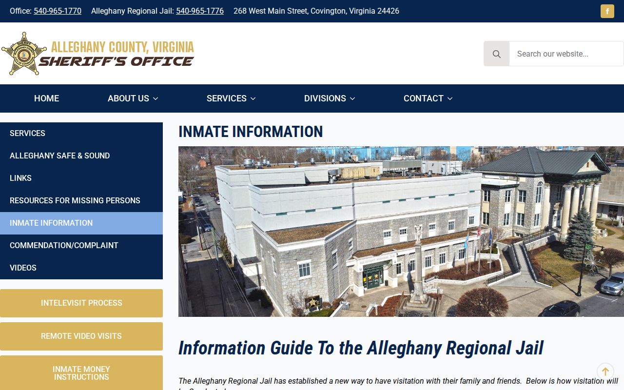 Alleghany County warrant records, regional jail inmate information page