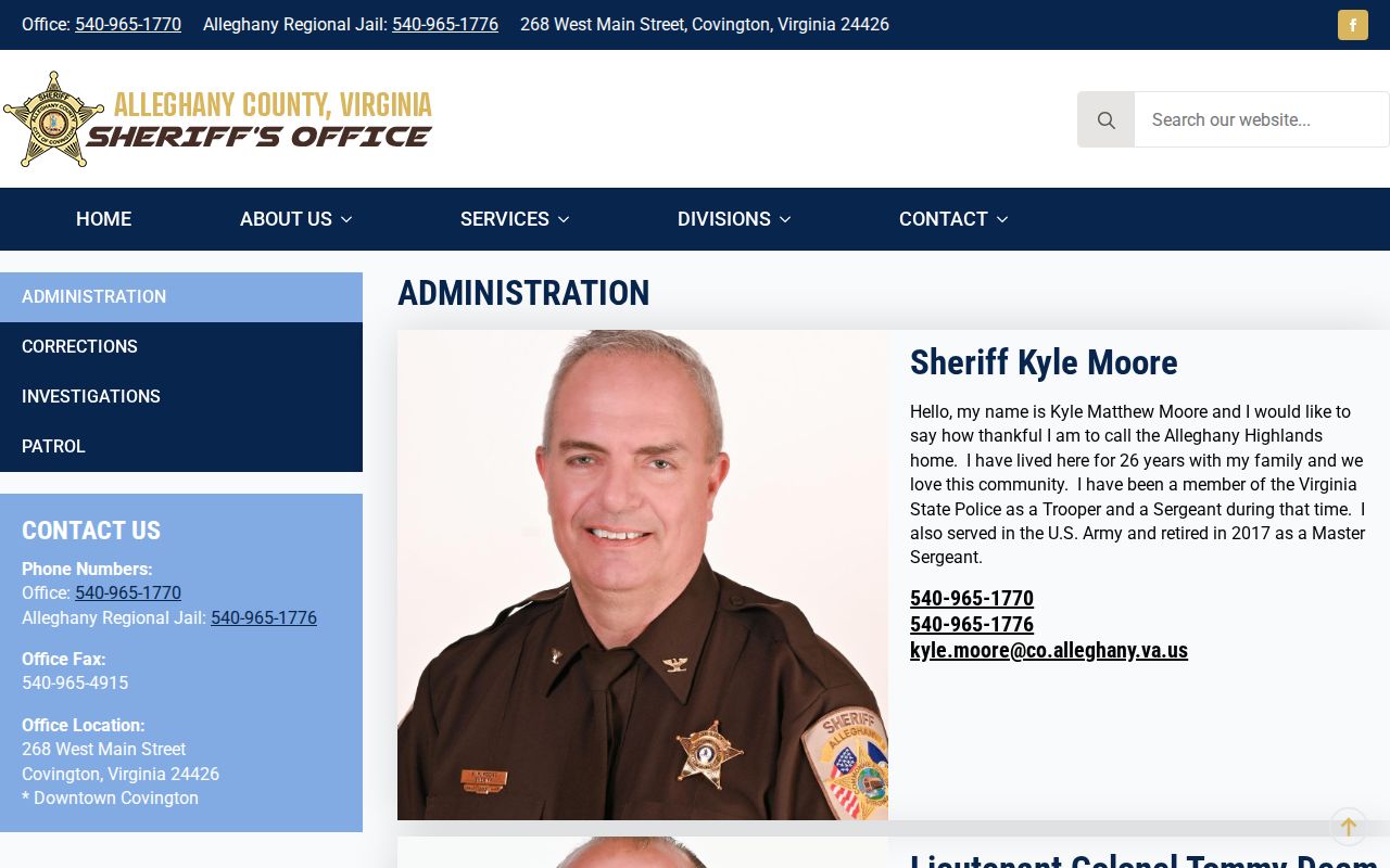 Alleghany County active warrant records, sheriff administration page
