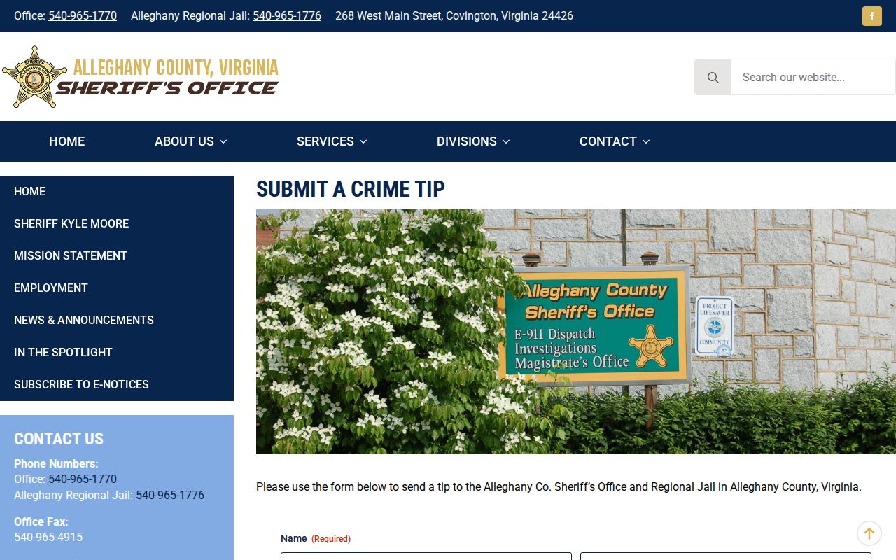 Alleghany County most wanted tip channel, sheriff form fields
