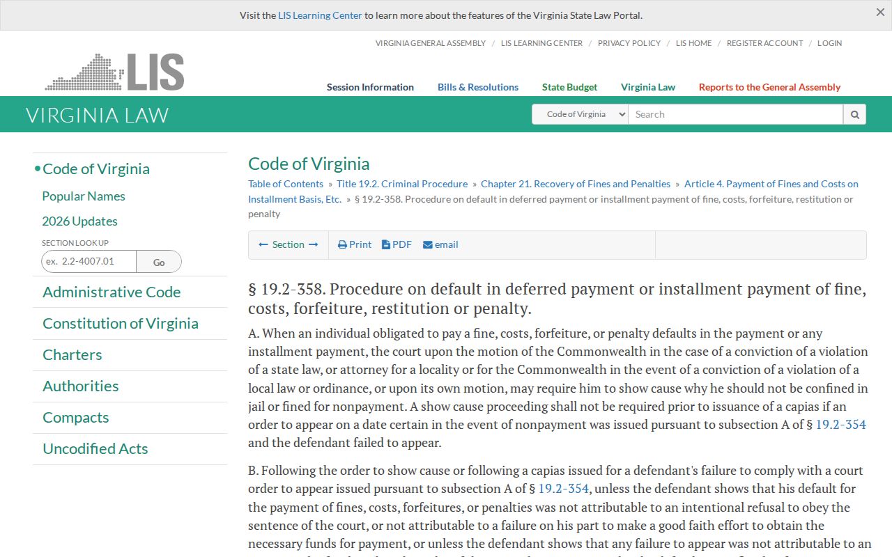 Alleghany County traffic warrant records, Virginia payment-default and capias statute