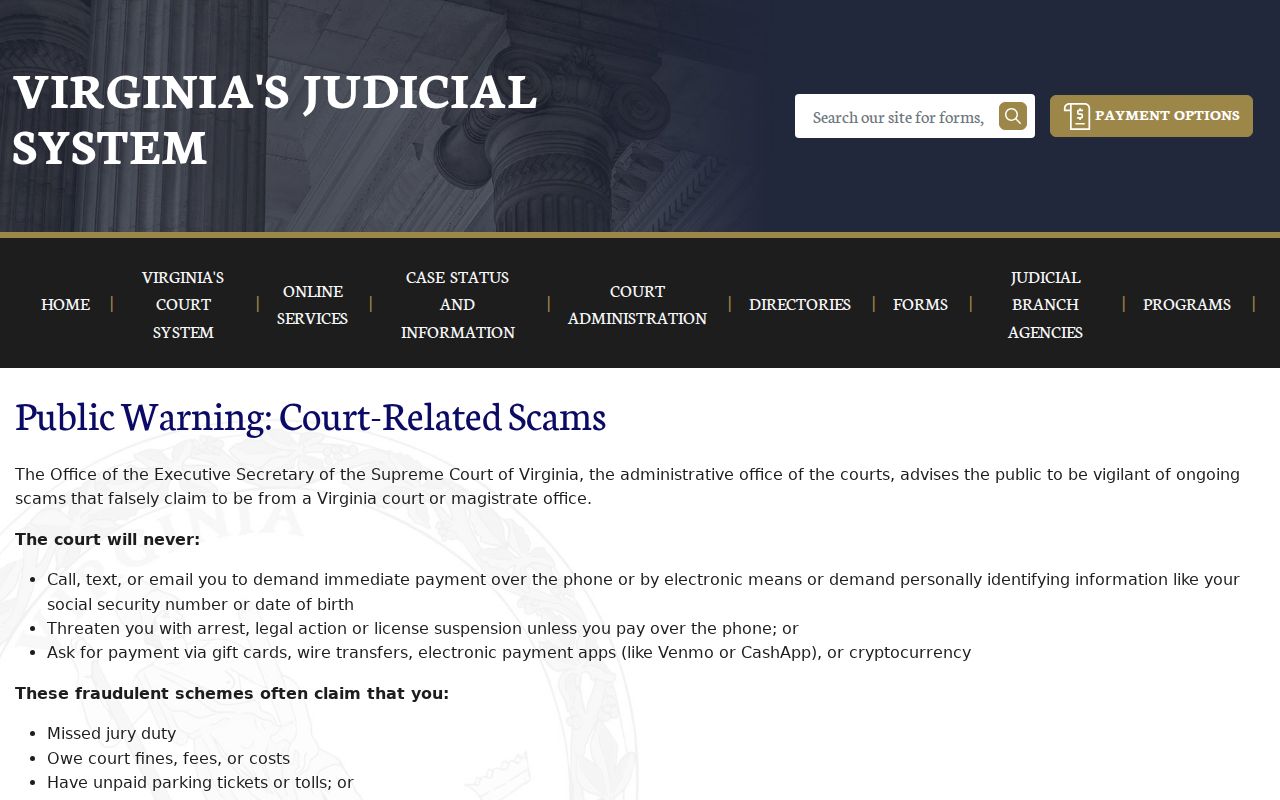 Alleghany County traffic warrant payment scam warning from Virginia courts